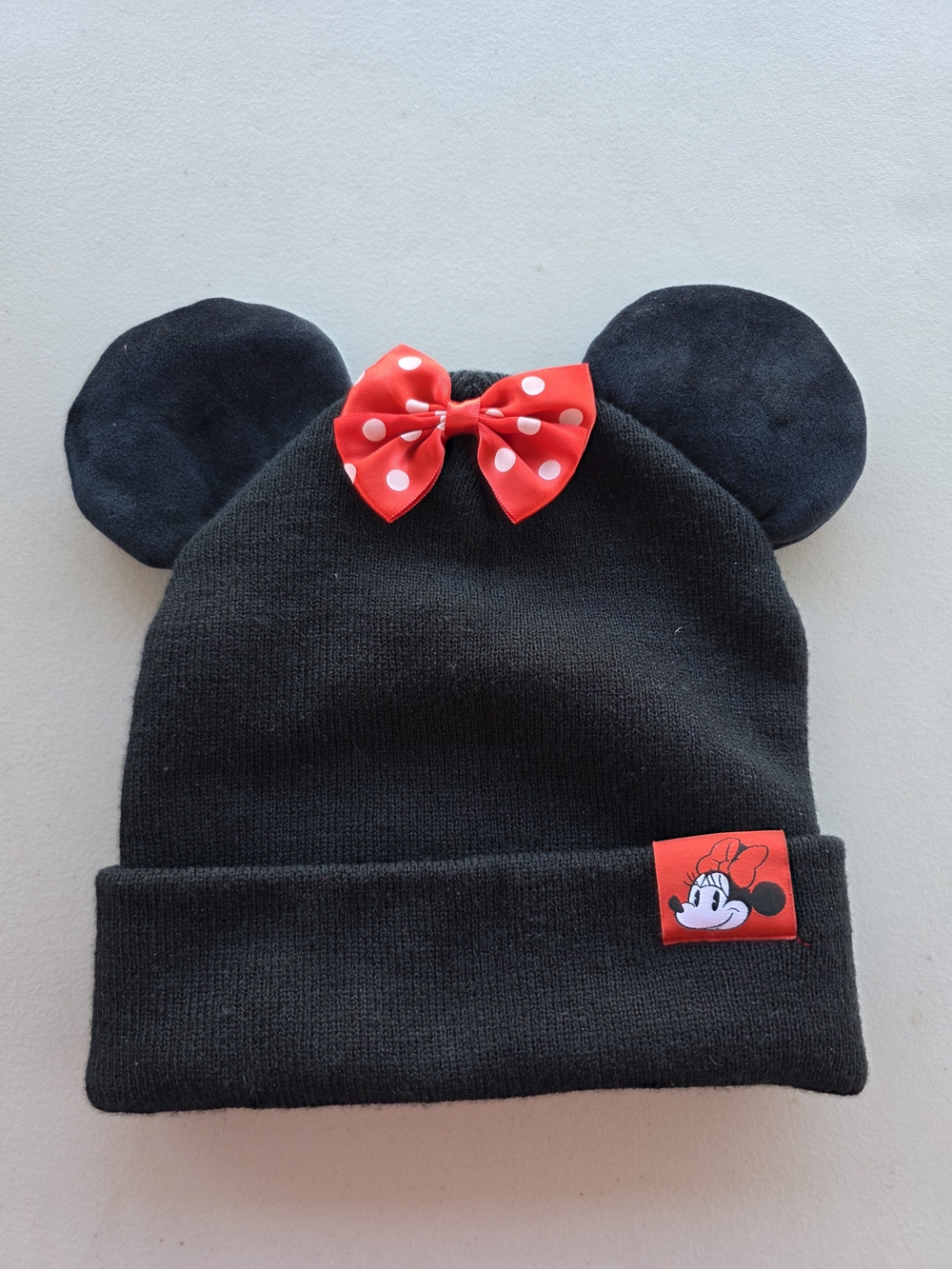 Black Minnie-Inspired Womens Beanie with Red Polka Dot Bow